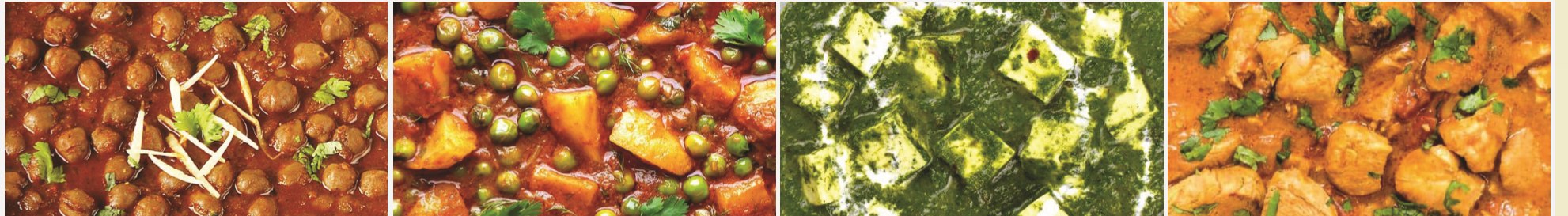 Chana Masala, Aloo Matar, Palak Paneer, Chicken Curry